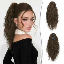 Claw Clip Ponytail Extension Synthetic Hairpiece 14 Inch Long Curly Dark Brown