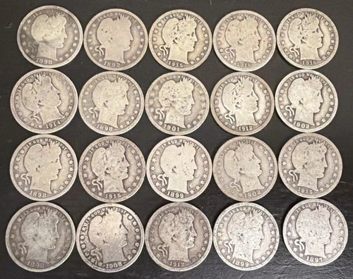 Barber Quarters with Full Dates 90% Silver $5 Face Lot of 20