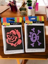 Scribbles Fabric Stamp Set Of Two Purple Bow Stamp Skull Red Rose Vtg 2011 
