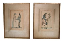 Pair of hand colored engravings, Regency period, 1807, French fashions