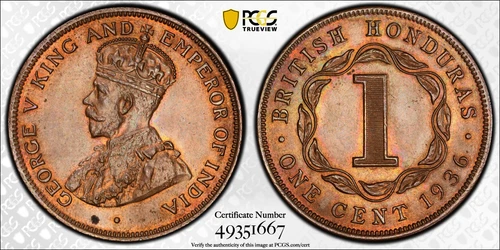 BRITISH HONDURAS 1 Cent 1936 NGC MS65 BN 'George V'
