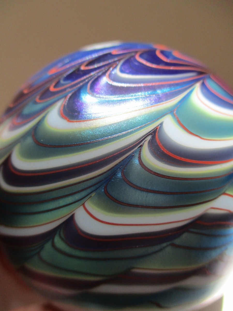 1979-Lundberg Studio Paperweight Iridescent Fish/Blue Waves- Round
