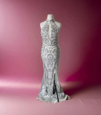 Weiß Glitzer hochgeschlossen Kreuzfahrt Ballkleid Kleid Gr. 12 Atemberaubend!