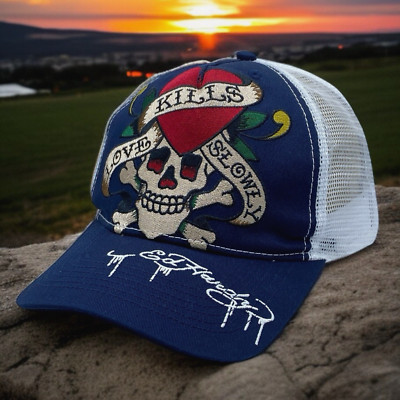 Ed Hardy Love Kills Slowly Skull Heart Embellished Black Trucker Hat Black