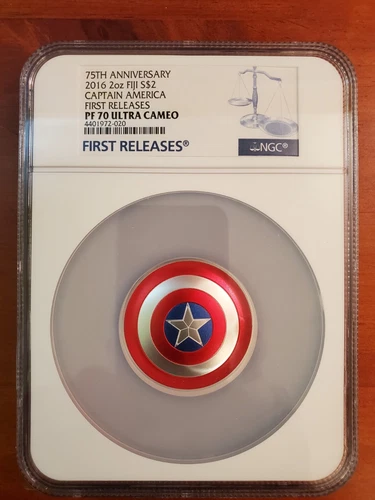 2016 $2 Fiji 2 oz. 75th Anniv. Captain America Silver Shield NGC PF70 UCAM  Rare