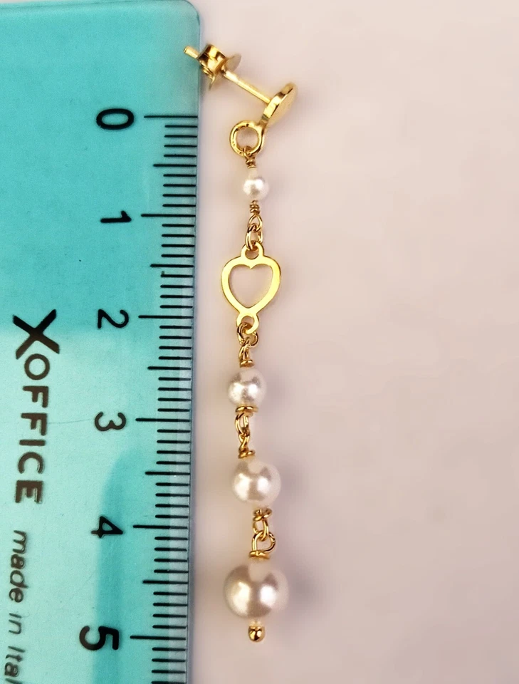 ORECCHINI DONNA ARGENTO 925 DORATO ORO LUNGHI PENDENTI PERLE SFERE CHARM CUORE - Immagine 2 di 2