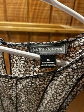 Jessica Howard Dress Size 16 Black Silver Floral Print Tea Length Sash Tie