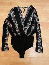 NEW no Tags BCBGENERATION Black Floral Long Sleeve Bodysuit Size L Women T9