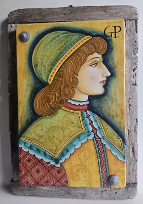 RARE ANTIQUE SIGNED LARGE SIZE HAND PAINTED TILE PORTRET ON BOARD OLD ESTATE