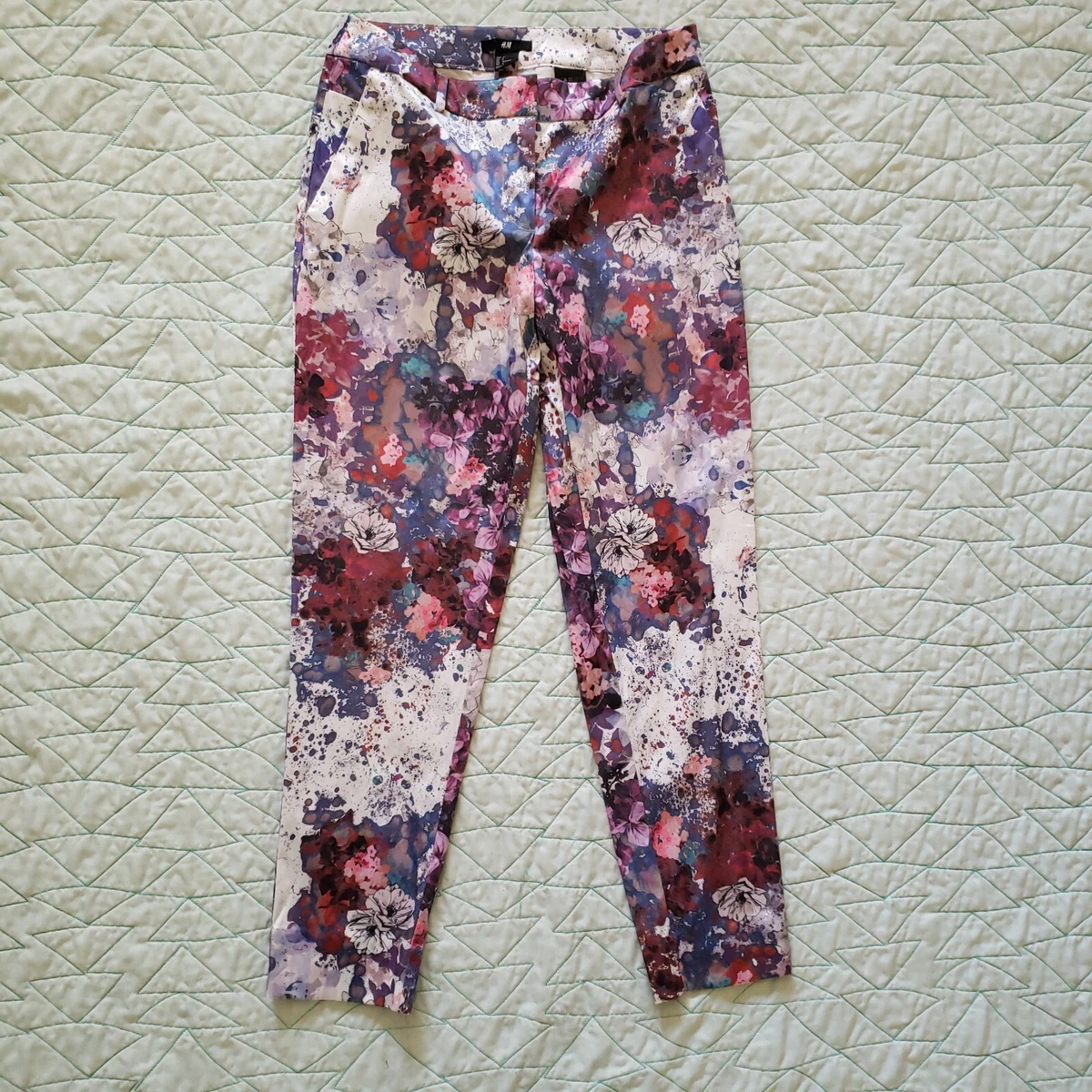 H&M Lana Del Rey Multicolor Satén Floral Estampado Salpicaduras Pantalones Mujer 4