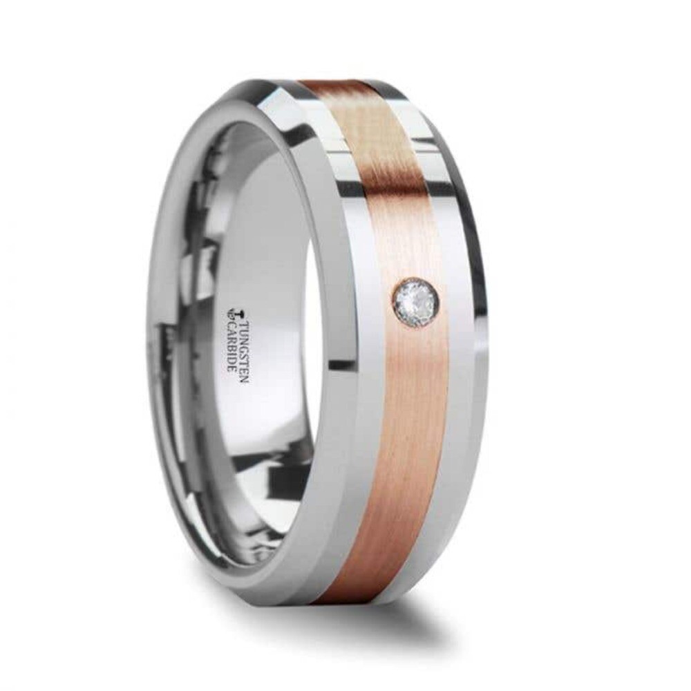 Thorsten ENZO Rose Gold Inlay Beveled Tungsten Ring with Diamond - 8mm Thorsten ENZO Rose Gold Inlay Beveled Tungsten Ring with Diamond - 8mm