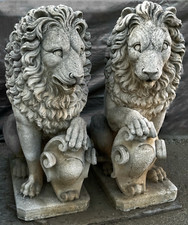 Handsome Pair of Vintage Carved Stone Sentinel Lions