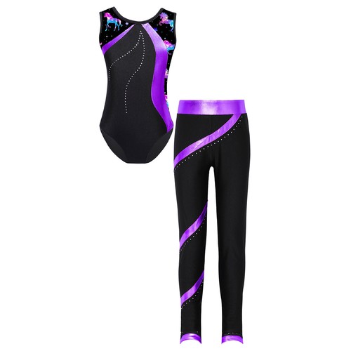 Kids Girls Set Trousers Leotard Mesh Outfit Metallic Hoodie Gymnastics Pants - Picture 28 of 62