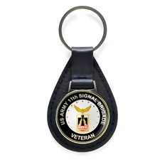 US Army 11th Signal Brigade Veteran Black Leather Keychain Silver Keyring