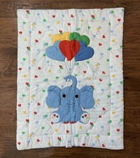 VTG RED CALLIOPE Baby Crib Blanket Quilt 3D ELEPHANT Hearts Balloons PRIMARY