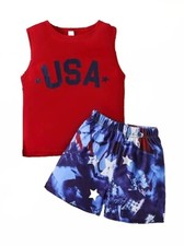 Boys "USA" Outfit Sleeveless Round Neck Vest Shorts Casual For Summer Kids
