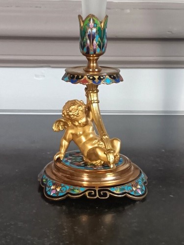 Antique Cloisonne Bronze and Crystal Vase w Cupid Angel Decor by Alphonse Giroux - Picture 10 of 12