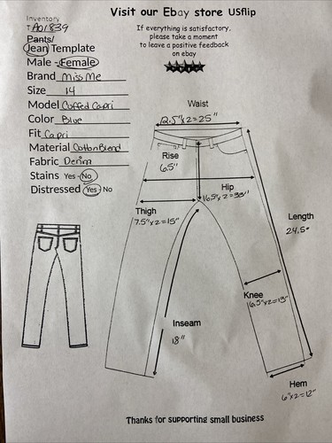 MISS ME Denim Girls Size 14 Blue Capri Rhinestone Stretch Bling - Picture 3 of 12
