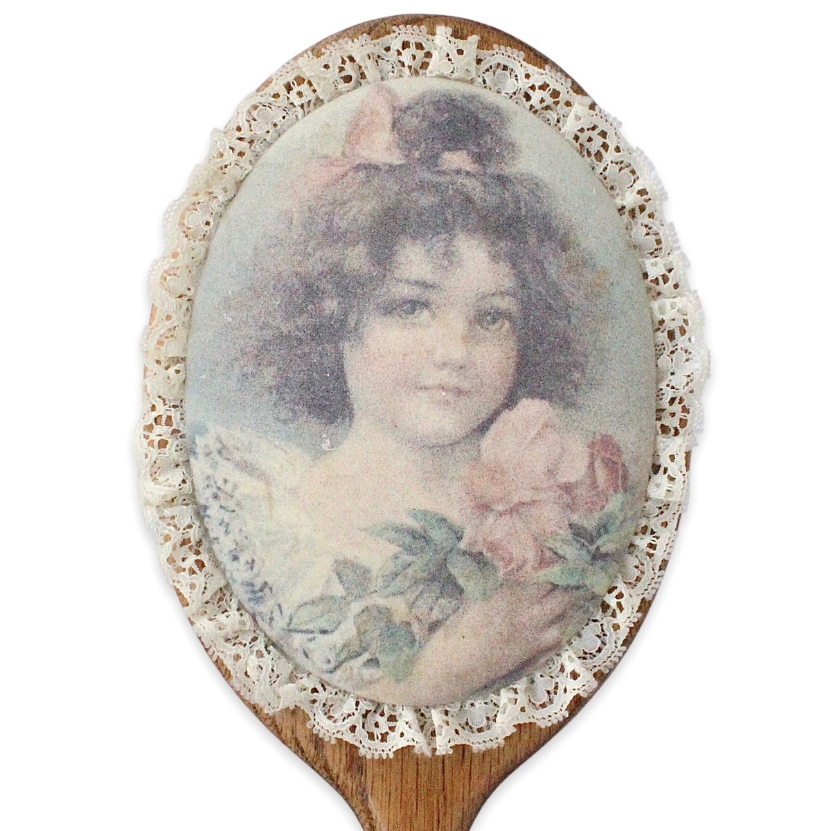 Vintage Hand Mirror Young Girl with Flowers Solid Wood Lace