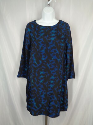 J Crew Gallery Shift Dress Size 2 Black Blue Floral Leaf Print New