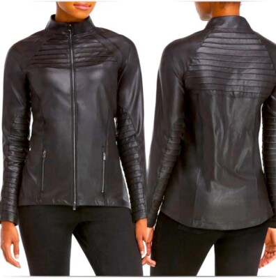 SPANX Black Jacket Sz Large Stretch Faux Leather Zip Moto