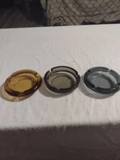 3 Vintage 4" Round  Glass Cigarette Ashtray MCM 3 Slots Amber Grey And Smoke Lot