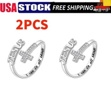 2xChristian Faith Ring with Cross, Silver Adjustable Band, 'I Can Do All Things'