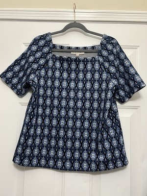 Loft Top Shirt Women s Medium Black Blue Geometric Woven Work Casual Office Wear