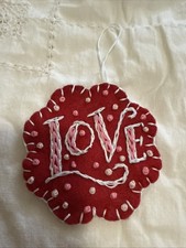 Handmade Embroidered LOVE Valentines Day Felt Ornament Pink Red White Scalloped