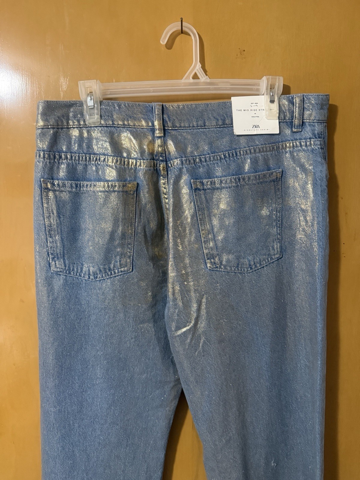 ZARA Metallic Mid Rise Straight Denim Jeans Women's Blue Button Zip 5-Pocket thumbnail 6