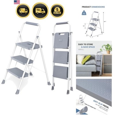 3-Step Folding Ladder With Tool Tray – Wide Anti-Slip Steps, Handgrip, Lightweight & Portable Step Stool For Home, Kitchen & Garage