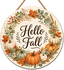 Hello Fall Wreath Wooden Front Door Sign Hanging Autumn Thanksgiving Home Decor