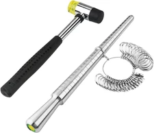 Rould Ring Mandrel Metal Ring Sizer Gauge Set with Jewelers Rubber Mallet Hammer
