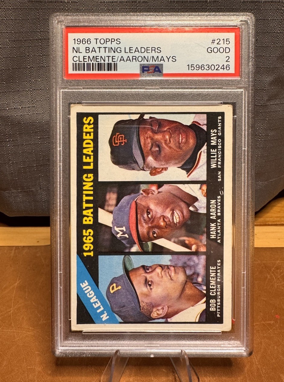 1966 Topps #215 Roberto Clemente/Aaron/Mays NL Batting Leaders PSA 2 Bob On Card