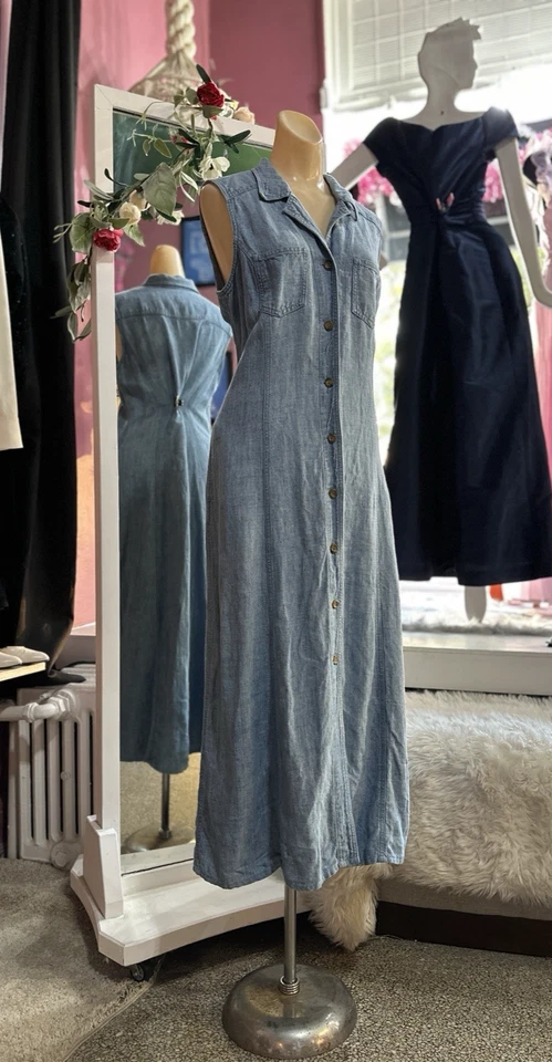 Maxi Vestido Vintage Años 90 Lino Sin Mangas Botones Minimalista Lavado Claro M/L Foto 4 de 4