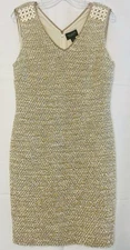 ST JOHN COUTURE Metallic Gold Cream Tweed Knit Sheath Cocktail Dress Size 8