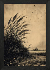 Vintage Grassy Landscape with Sepia Framed Wall Art Poster Canvas Print Picture