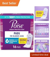 16 Count Disposable Incontinence Pads, Long Length for Up to 12 Hour Protection