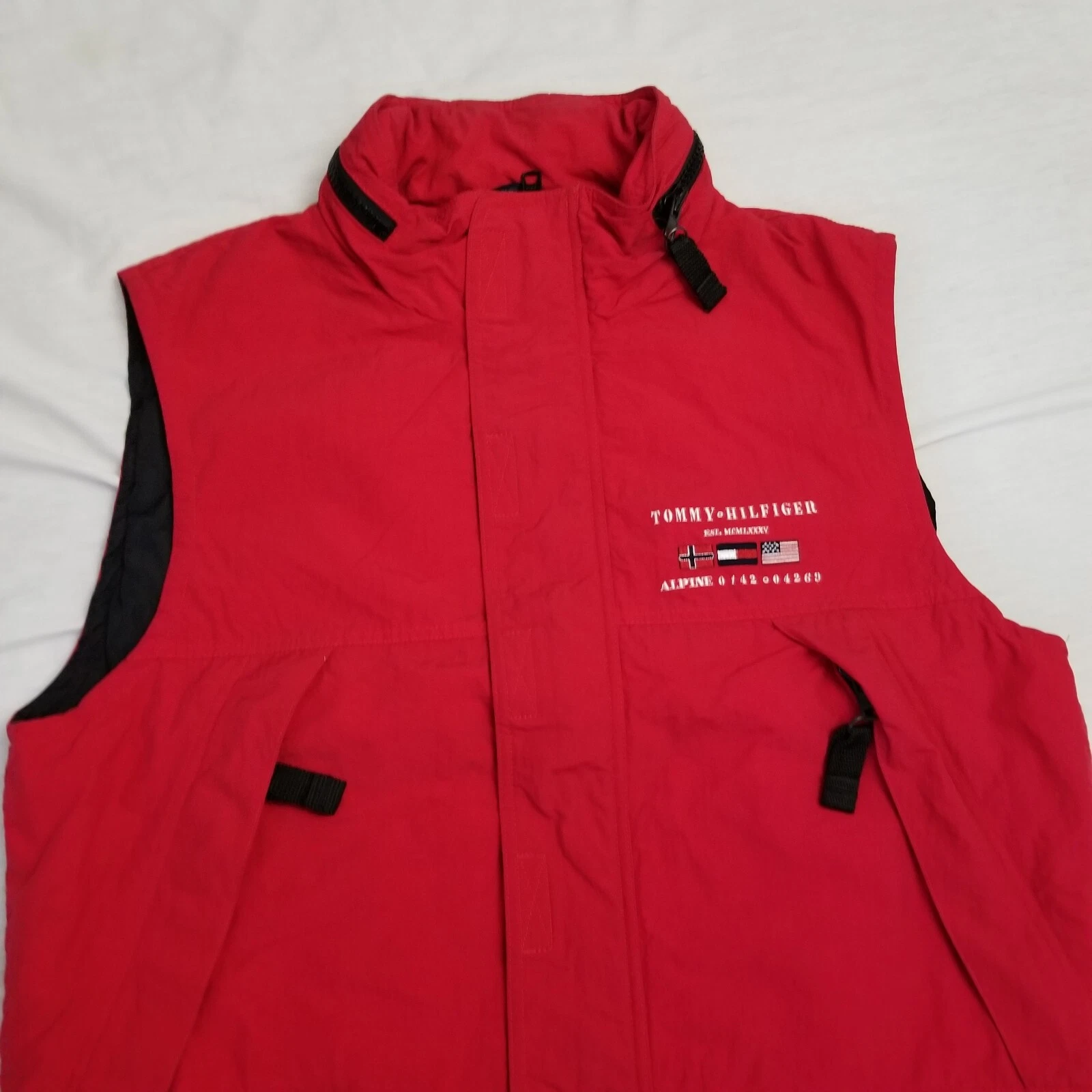 Vintage Tommy Hilfiger Vest Mens Medium Red Alpline Y2K 90s Flag Logo Streetwear