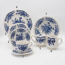 SEARS BLUE CARNATION PLATES BOWLS CUP SAUCER CREAMER SUGAR SERVING BOWL BY PIECE
