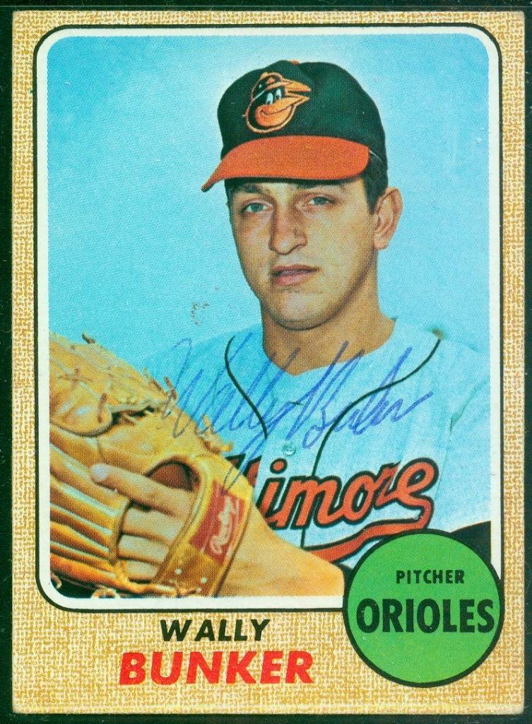 389, Original Autograph, 1968 Topps Baseball Card 489, Wally Bunker