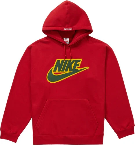 Sweat shirt à capuche appliqué en cuir Supreme Nike rouge grand L 100 % authentique