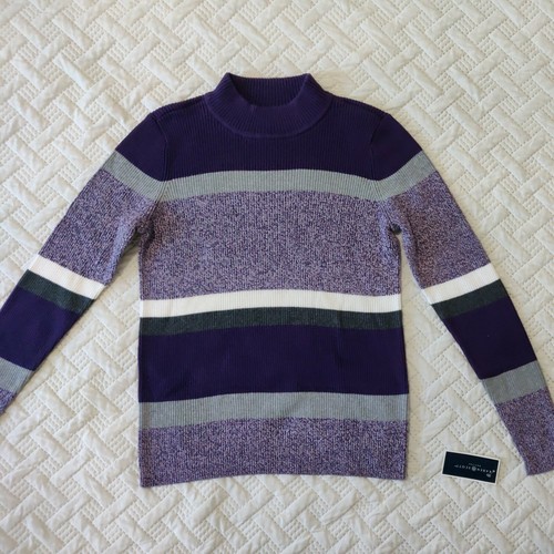 Karen Scott Women's Mock Neck Purple Gray White Striped Sweater Size PS - Picture 3 of 12