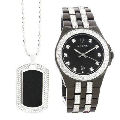 Bulova Mens Black Ion Plated Stainless Steel Crystal Quartz Watch  