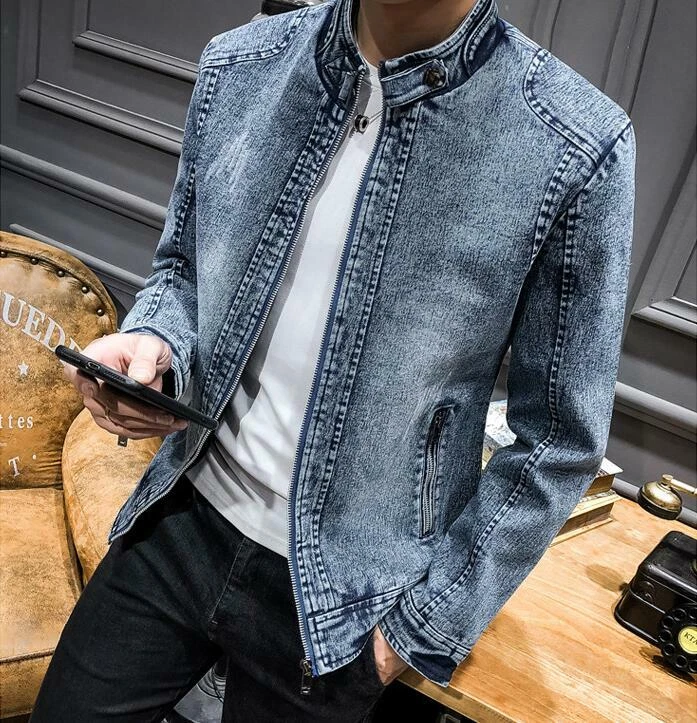 Men's Casual Denim Jacket New Spring/ Fall Retro Stand-Up Collar Jeans Coat