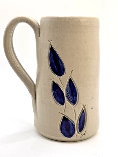 Williamsburg Pottery 5” Tall Cobalt Flower Blue Leaves Mug Salt Glaze Coffee Cup