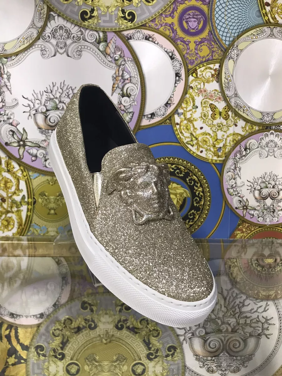 New Versace Palazzo Low Top Sneakers In Gold Glitter 37.5 7.5 eBay