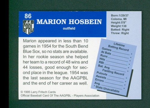 1995 Fritsch AAGPL Signed Baseball Card - #86 Marion Hosbein - Signed, MINT - Picture 2 of 2