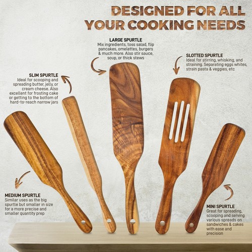 Spurtle Kitchen Cooking Utensil, 5 Pc Non Stick Wooden Spatula Spoon, Ships Fast - Picture 6 of 7