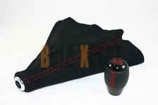 M10 X 1.5 LEATHER 6 SPEED SHIFT KNOB RED STITCHING + BLACK SUEDE BOOT FOR HONDA